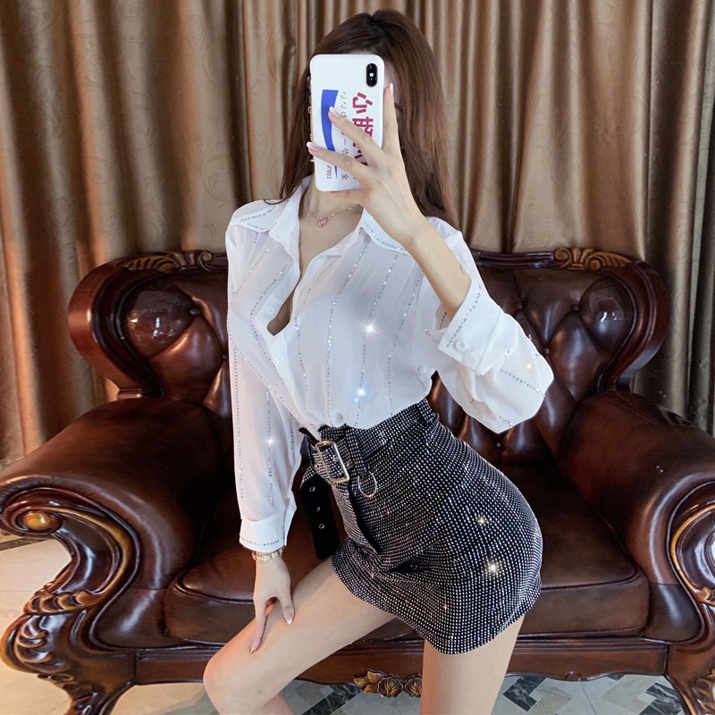 (ORDER) Sét áo sơ mi đá + chân váy đá kèm belt