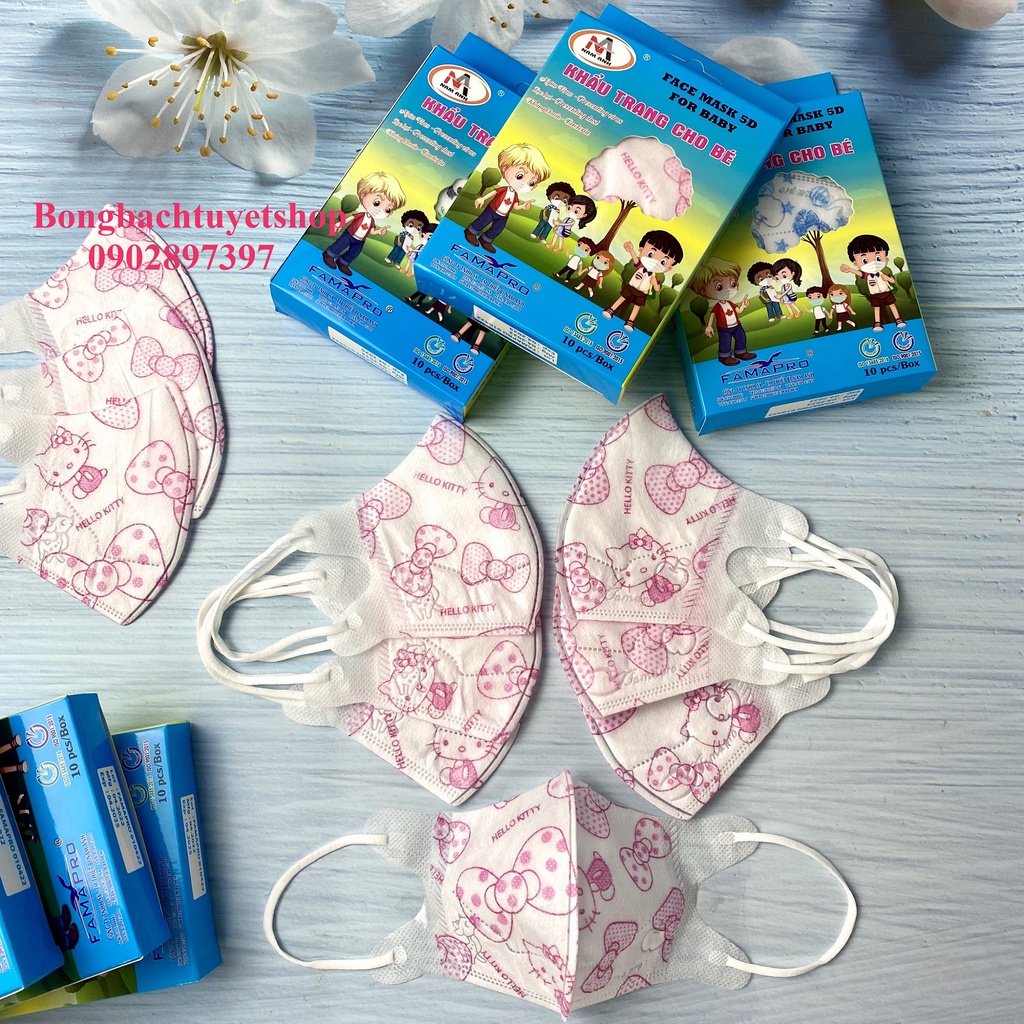 Khẩu trang IN HÌNH DỄ THƯƠNG cho bé FAMAPRO 5D KIDS hộp 10 cái kháng khuẩn Đoremon/ Kitty/ Gấu Trúc/ Kì Lân/ Vịt Donald