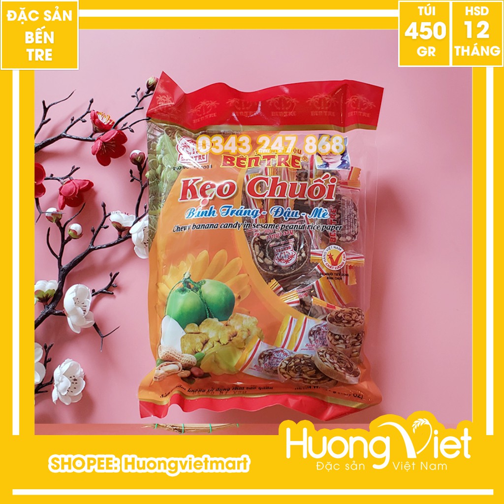 Kẹo chuối cuộn bánh tráng Bến Tre 450g, kẹo chuối cuộn bánh tráng đậu mè thương hiệu Hai tỏ Bến Tre