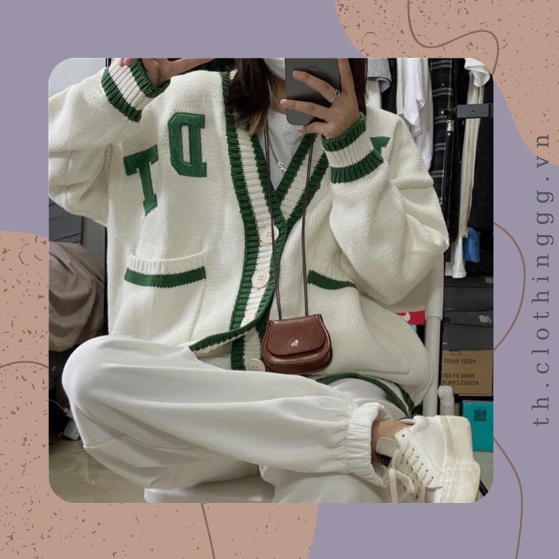 [ ORDER Sau tết ]Áo len cadigan trắng xanh (ảnh thật)