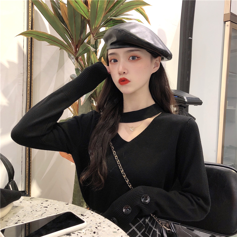 Xiaozhainv Áo len nữ tay dài cổ V dây nút phá cách phong cách Hàn