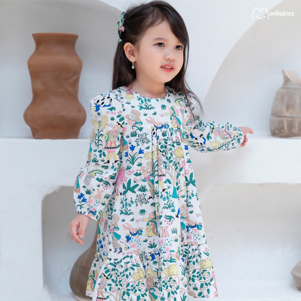 Đầm cho bé gái babydoll dài tay cotton 1-6 tuổi họa tiết dễ thương MonBabies VL08