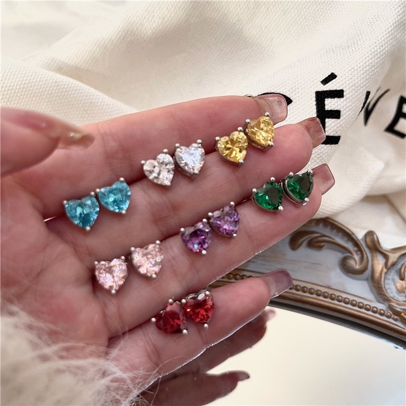 Bông Tai Hình Trái Tim Đính Đá Zircon Nhiều Màu Sắc Đơn Giản Thời Trang