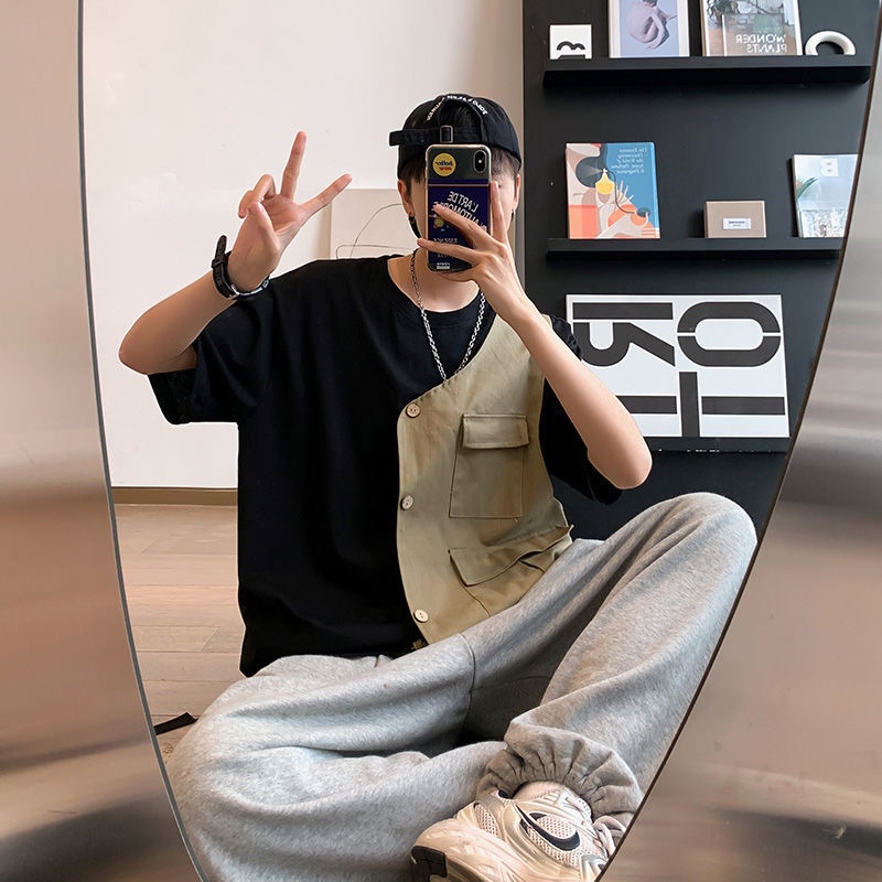 Áo Thun Ngắn Tay Giả Hai Lớp Phối Túi Phong Cách Hàn Quốc Dành Cho Nam