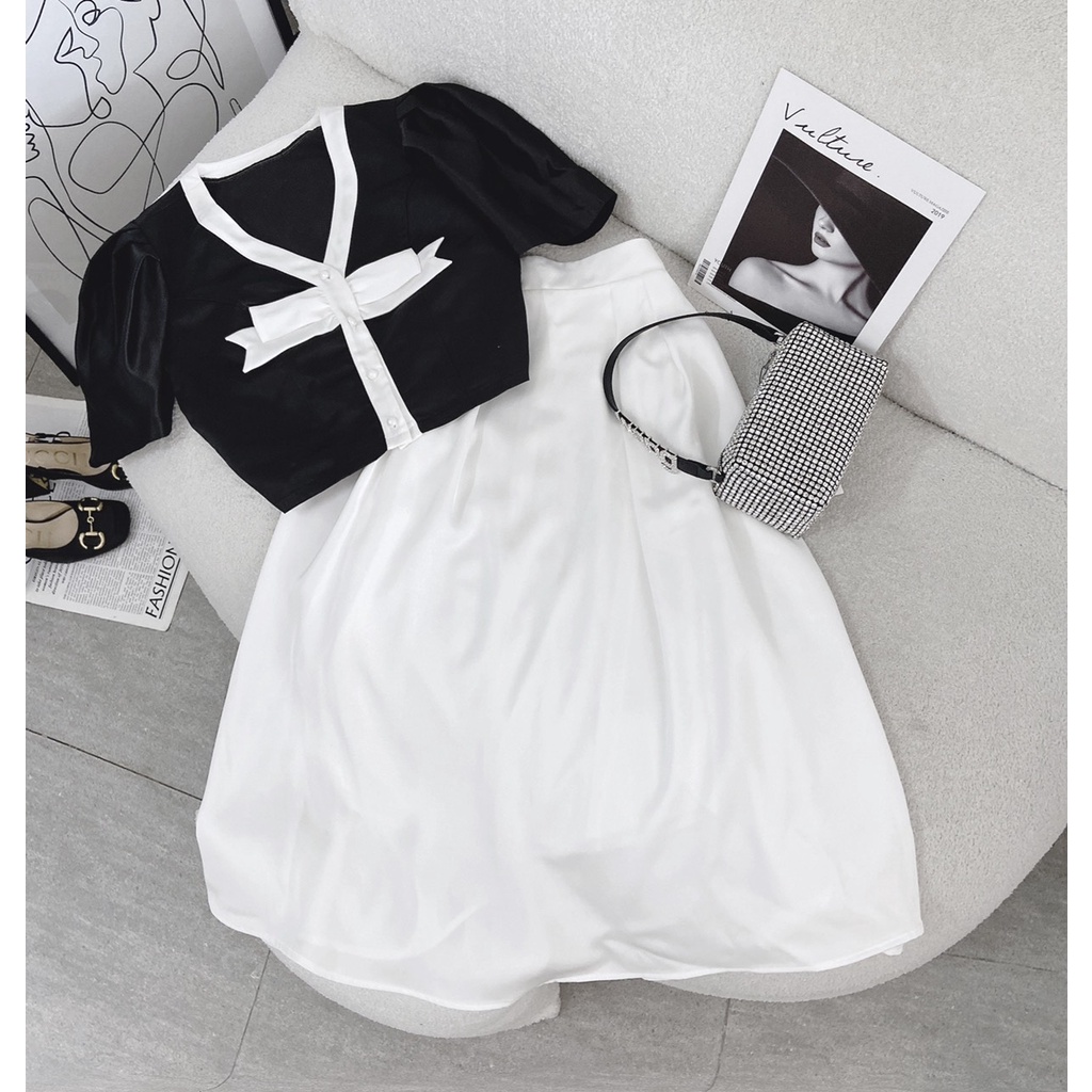 Set áo cổ tròn phối nút peplum kèm chân váy midi Rossy Fashion - SR240