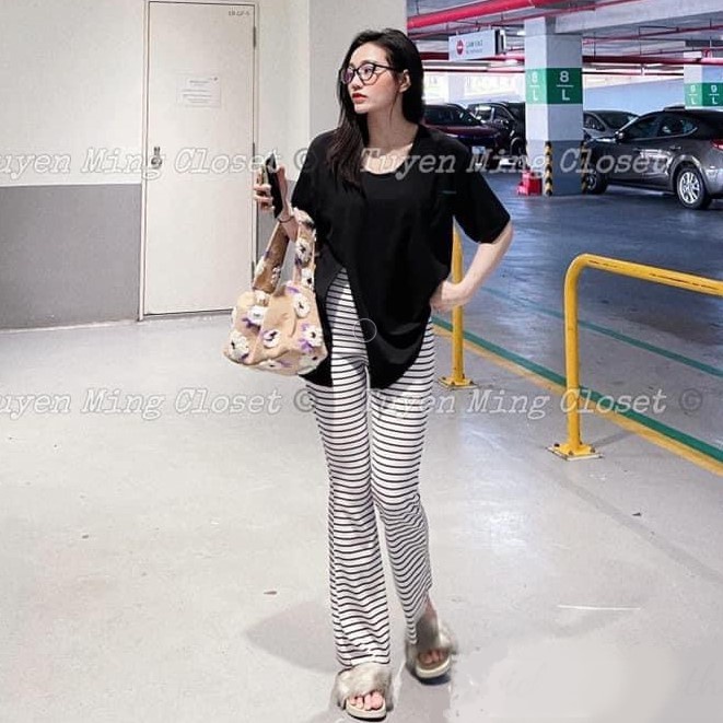 Đồ bộ nữ quần ống loe áo thun xẻ tà phom rộng thời trang * Vải thun co giãn tốt