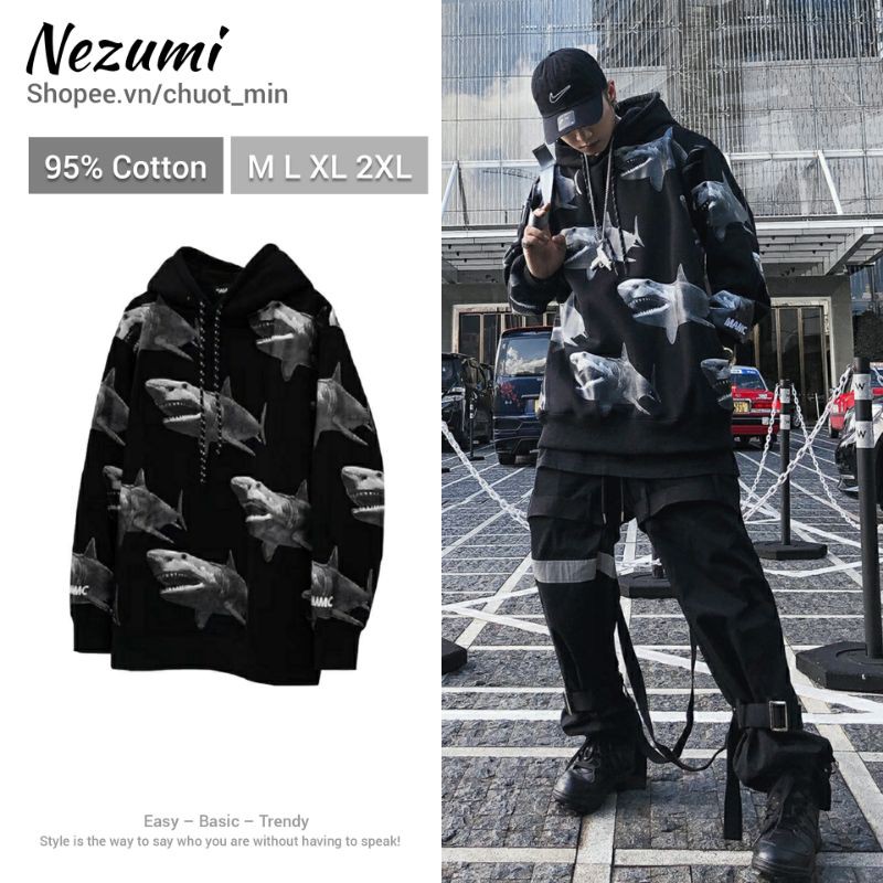 Áo nỉ hoodie unisex nam nữ Cá mập Shark