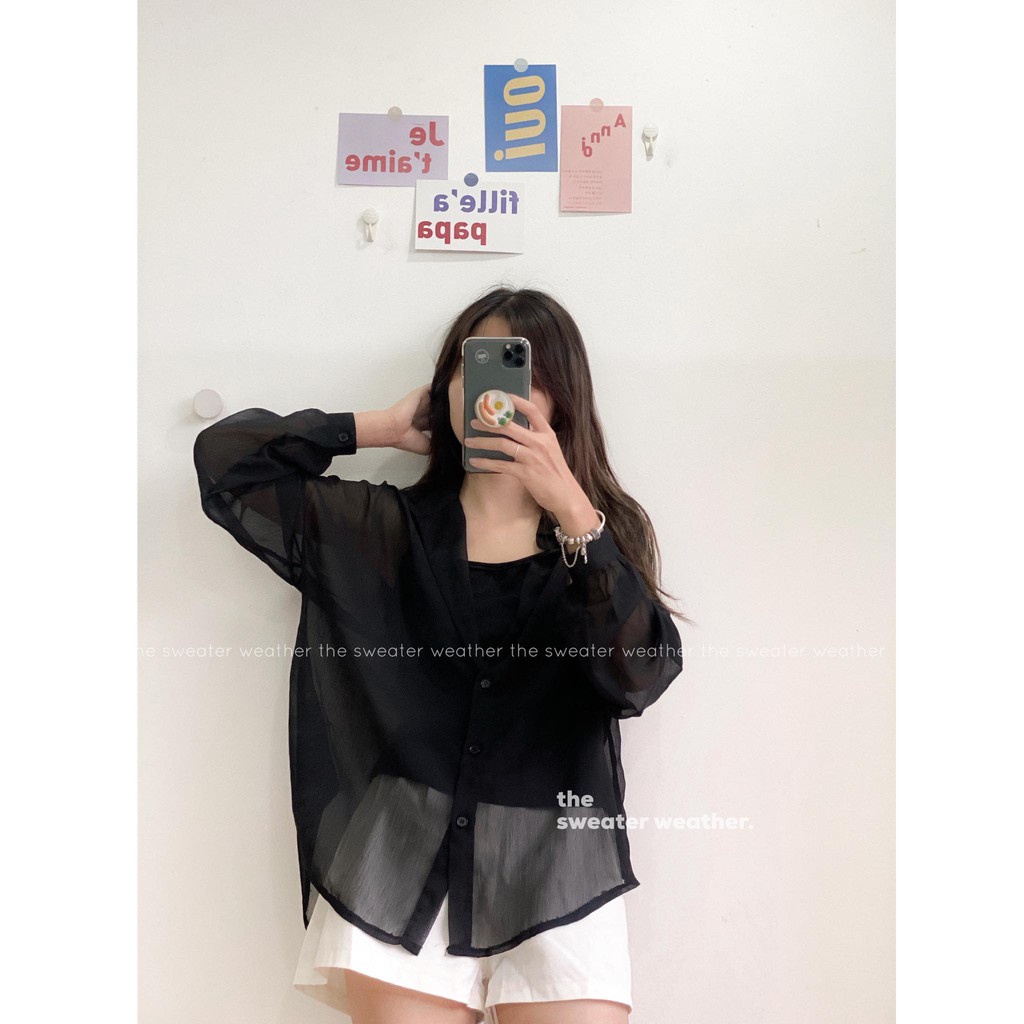 SET ÁO SƠ MI VOAN + ÁO 2 DÂY ULLZANG TAY BỒNG ĐEN TRẮNG LOẠI RẺ HOT