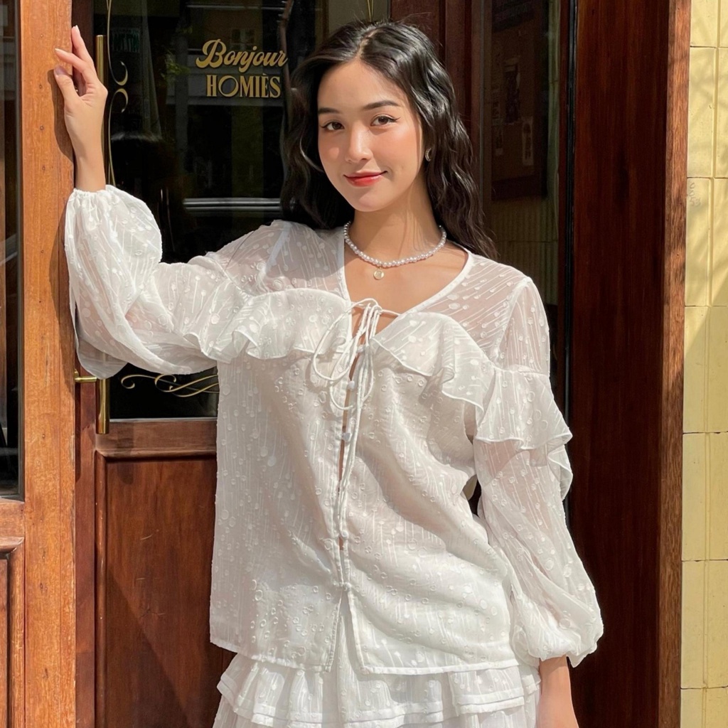 RECHIC Áo kiểu Rainie kiểu cổ V có viền bèo sang trọng tiểu thư phù hợp đi dạo phố du lịch