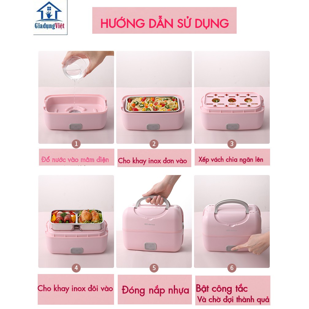 Hộp cơm cắm điện đa năng MOGAN MD666 - 2 Tầng 3 ngăn Màu Hồng - Tặng Kèm Bộ Thìa Đũa Inox | BigBuy360 - bigbuy360.vn