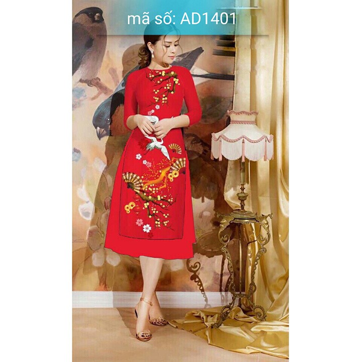 AD1401 Có size 4XL Áo Dài Cách Tân cổ tròn in họa tiết chim hạt và hoa mai mùa xuân kèm váy