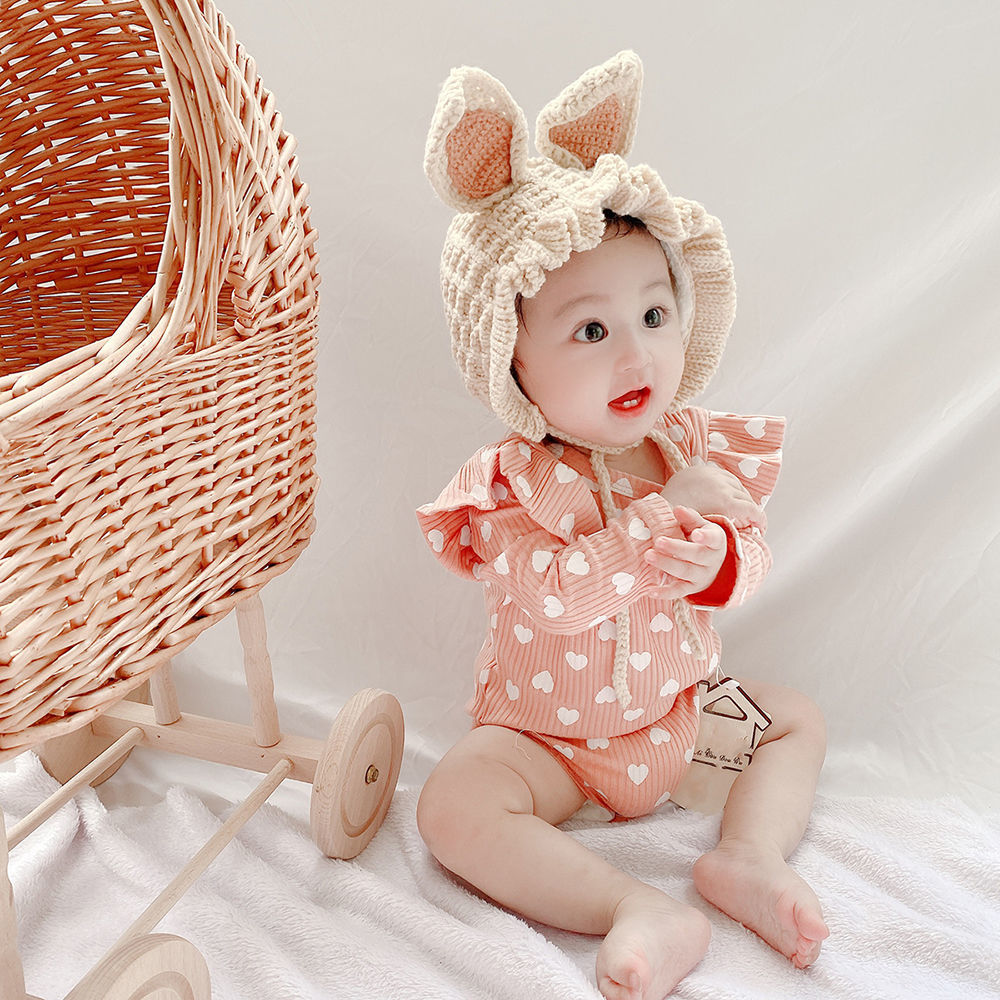 Áo liền quần cotton tay dài phong cách mùa thu họa tiết in hình trái tim đáng yêu cho bé gái