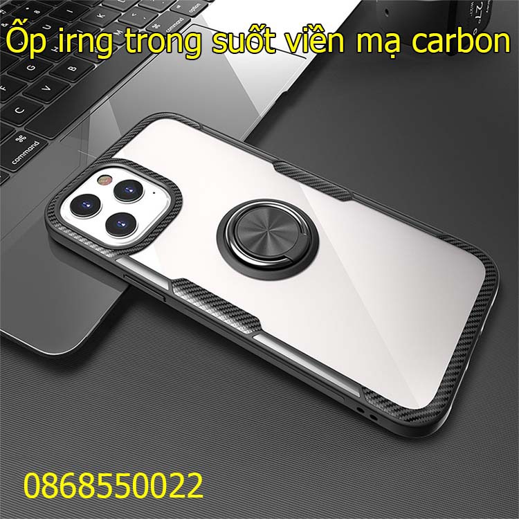 Ốp lưng iPhone 12 pro max trong suốt viền carbon + iring hít đế hít ô tô