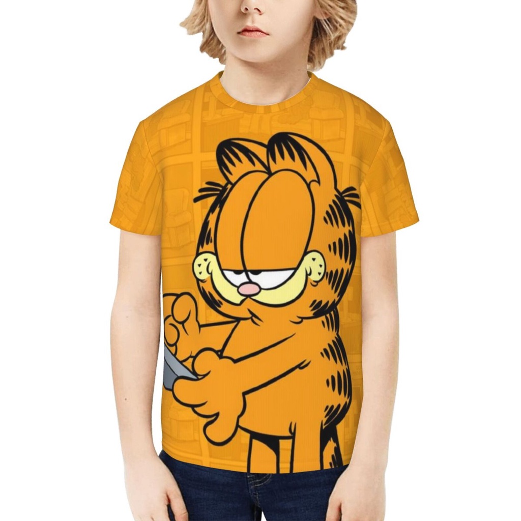 Áo Thun Cotton Tay Ngắn In Hình Mèo Garfield 3D Thời Trang Cho Bé Trai Và Gái