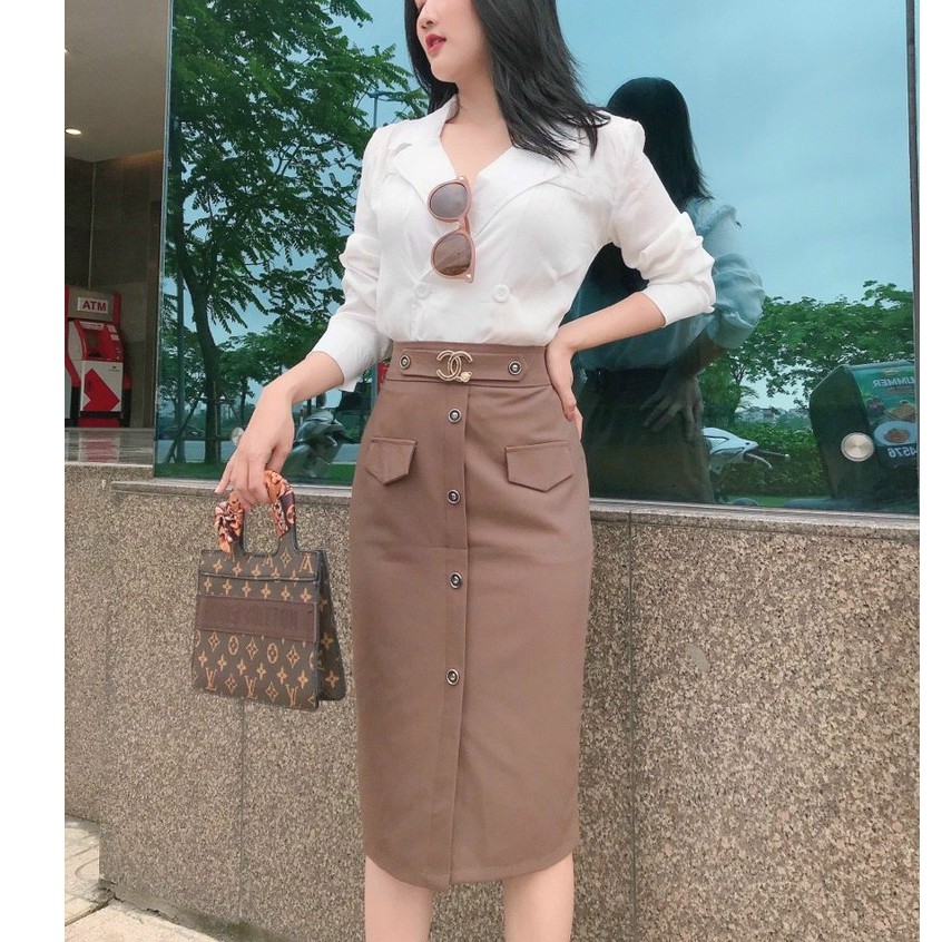 Chân váy chữ A dài -chân váy công sở qua gối xẻ tà  HOT TREND