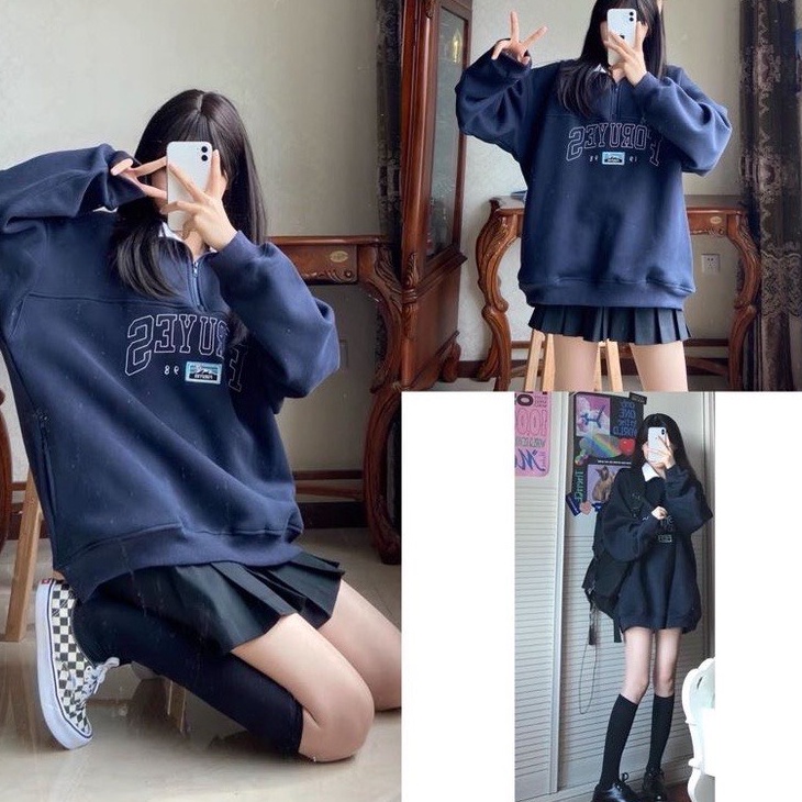 Áo sweater nỉ bông thêu chữ cổ phối màu form rộng tay dài vanmiushop