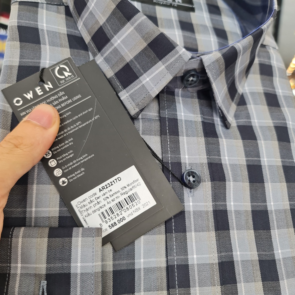 Áo Sơ Mi Nam Dài Tay Owen AR23217D Somi Công Sở Cao Cấp Màu Kẻ Caro Xám Dáng Suông có Túi Chất Sợi Tre Mềm Mát