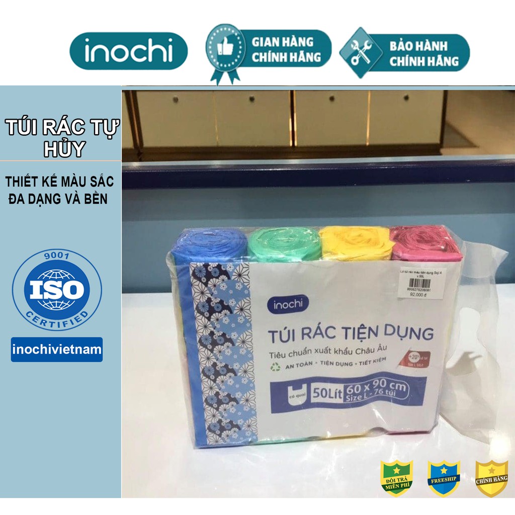 (HCM)Túi đựng rác tự phân hủy 4 cuộn sinh học Inochi Có Quai Dạng Cuộn Màu Đen 10L 25L 50L có mùi chanh