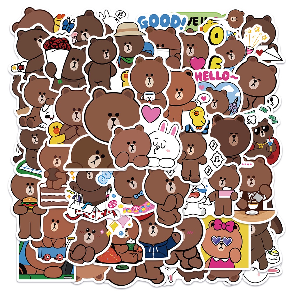 Set 50 tấm sticker dán trang trí hình gấu nâu dễ thương