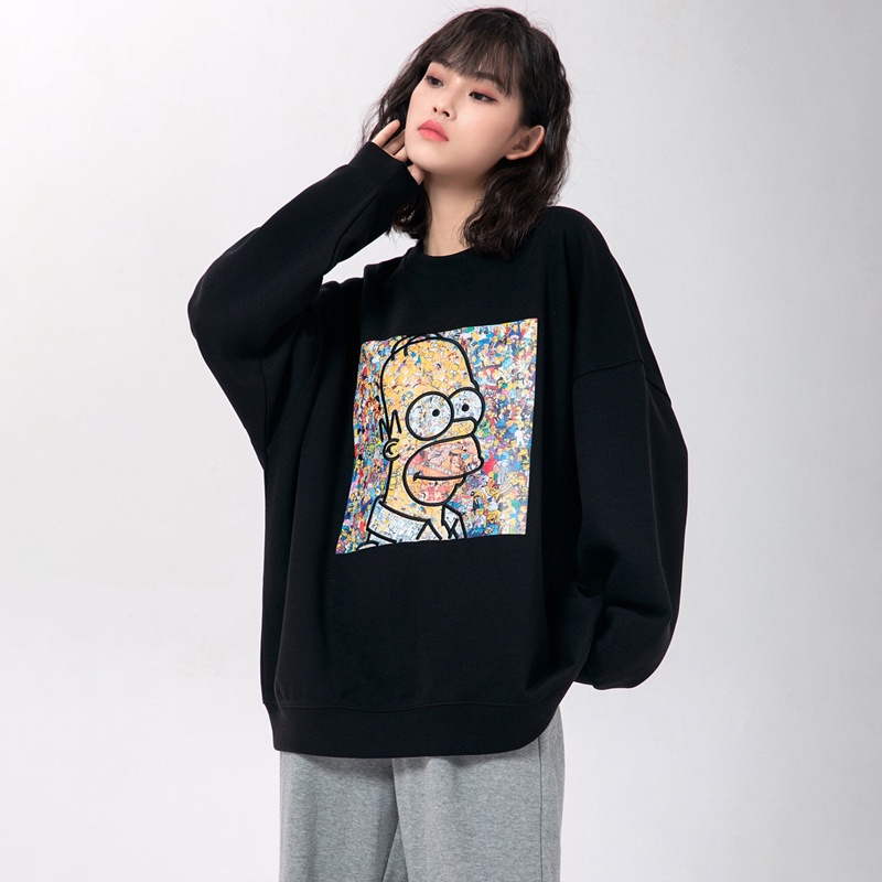 Áo sweater ZHELIHANGFEI cổ tròn in họa tiết hoạt hình dễ phối đồ