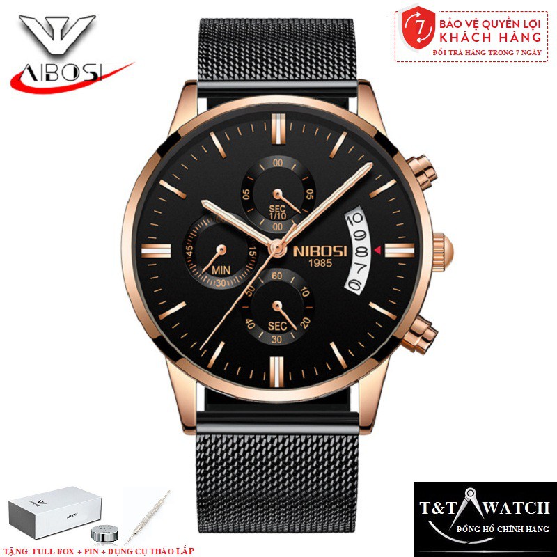 ĐỒNG HỒ NAM NIBOSI 2309  CHỐNG NƯỚC CHỐNG XƯỚC, DÂY THÉP LƯỚI CAO CẤP CHÍNH HÃNG - FULLBOX