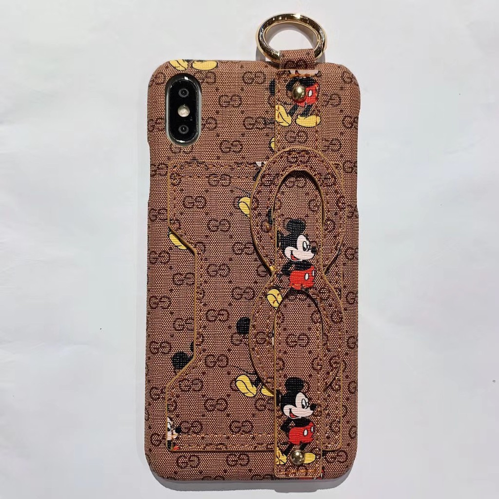 Ốp điện thoại đôi bằng da hình Mickey có dây đeo và ngăn đựng thẻ cho iphone 1 11pro x xr max