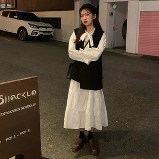 Đầm | Đầm babydoll trắng dáng dài cổ tàu thắt nơ