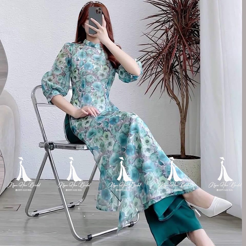 Áo Dài Cách Tân Nữ Voan Hoa Xanh Tay Bồng TK15