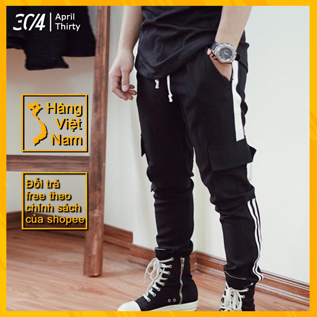 Quần jogger nam đen cá tính có túi và sọc trắng 2 bên [ẢNH THẬT]
