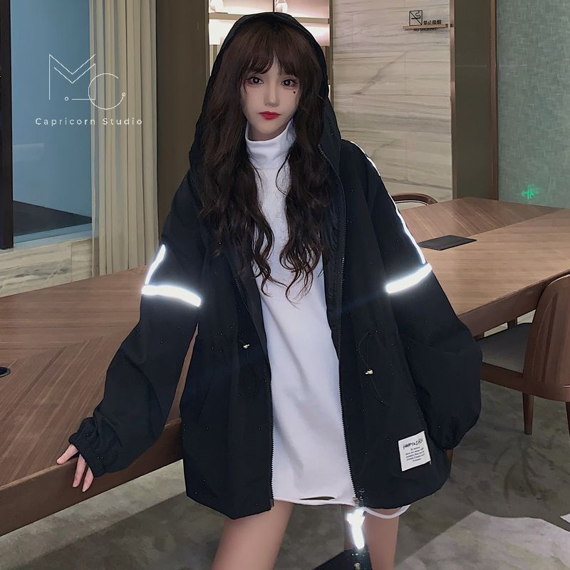 (CÓ SẴN) Áo khoác gió oversize màu đen có dải phản quang cá tính cho cô nàng năng động [MinC.Studio - MCAK010]