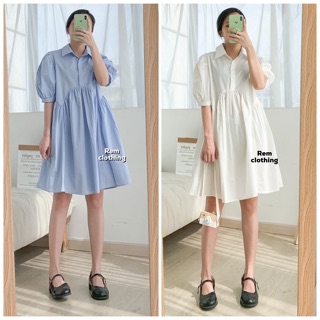 Đầm baydoll cổ sơmi tay phồng (Ảnh thật)