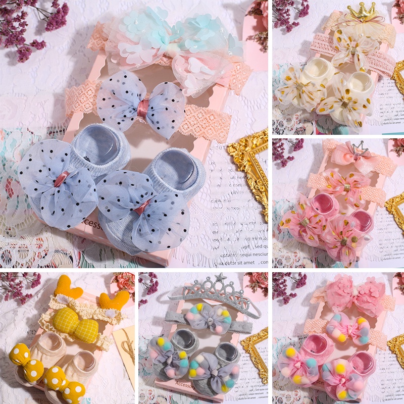 Set 3 đôi vớ đính nơ dễ thương cho bé gái 0-3 tháng tuổi