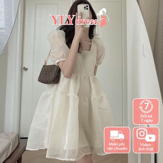 Váy đầm nữ cộc tay voan tơ 2 tầng Ylydress tay bồng cổ vuông dáng xòe ngắn 2 lớp freesize dáng babydoll công chúa C792