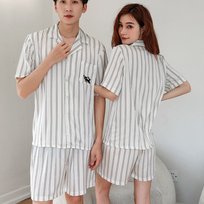 Đồ Ngủ Pijama Kẻ Sọc Lụa Mềm Bigbang Bộ Đồ Đôi Nam Nữ Mặc Thêu Hình Cún Mèo Chất Liệu Cao Cấp Phong Cách Đơn Giản