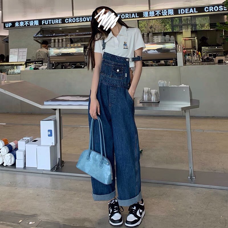 Quần yếm bò Ulzzang / yếm jeans ống rộng màu xanh đậm / quần yếm denim ống rộng | BigBuy360 - bigbuy360.vn