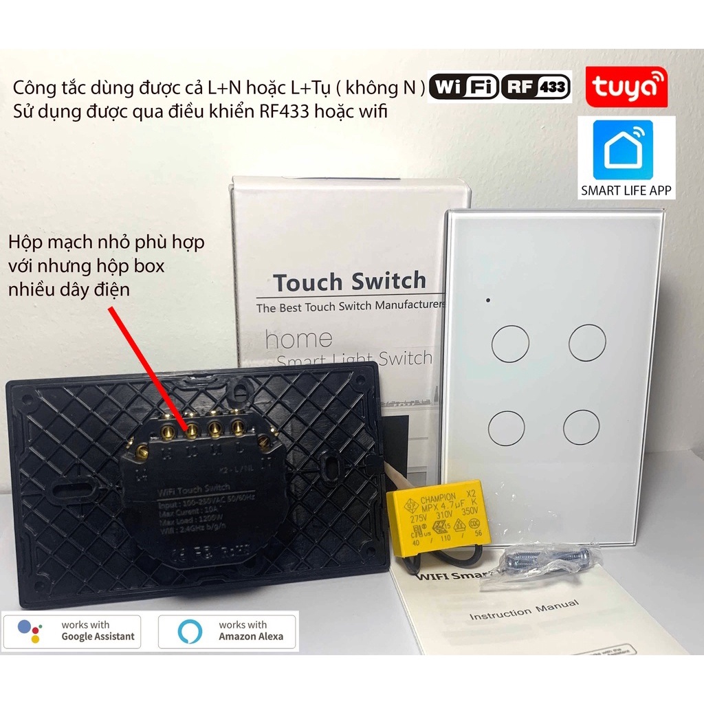 Công tắc Nút Ấn thông minh WIFI Tuya Smart + RF433 1.2.3.4