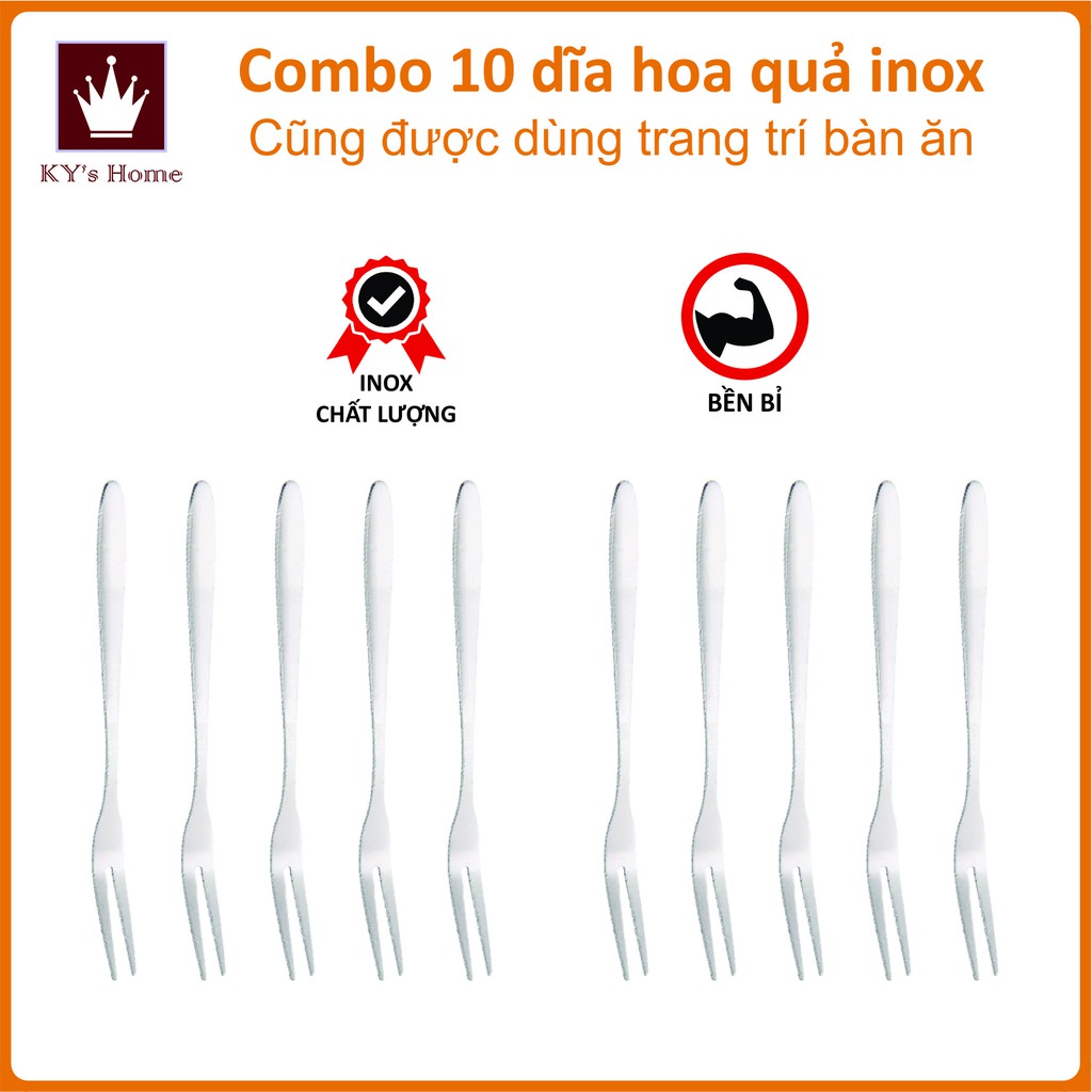 Combo 10 dĩa ăn hỏa quả nĩa trái cây inox trang trí nhà bếp đẹp 13cm (có sẵn)