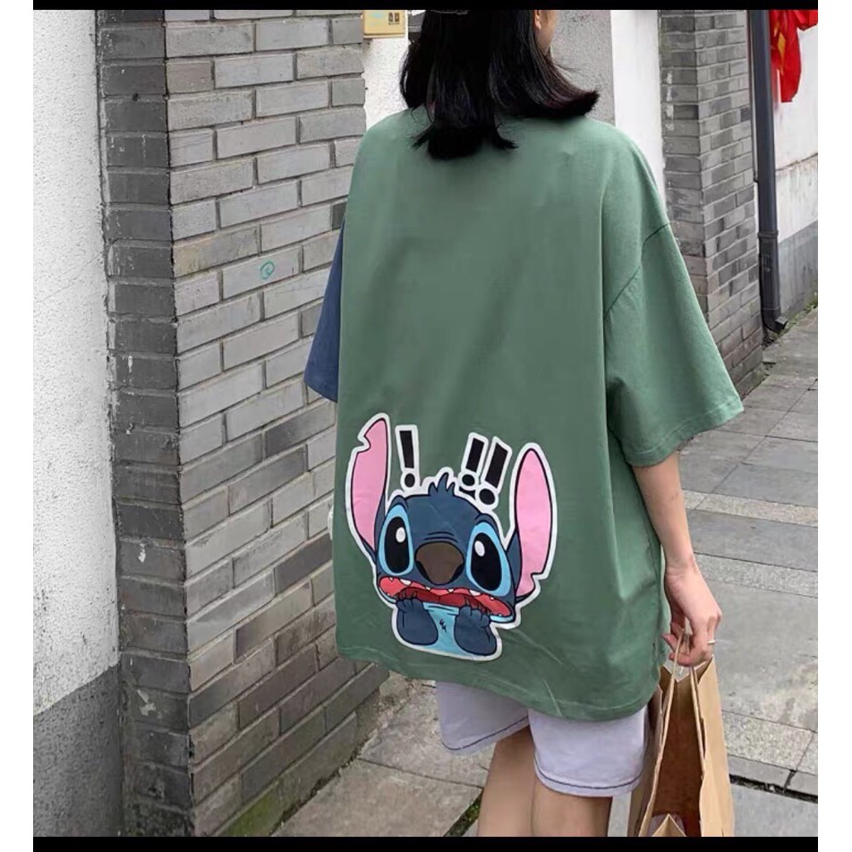 [HÀNG BÁN SHOP] Áo thun nữ form rộng tay lỡ, Áo form rộng nữ phối tay in hình Stitch cute