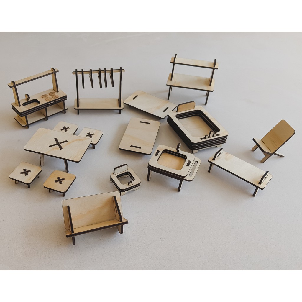 Mô hình nhà búp bê gỗ kèm nội thất lắp ráp