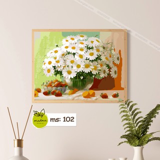 Tranh số hóa tự tô màu Madoca có khung 40x50cm Lọ hoa cúc trắng T102