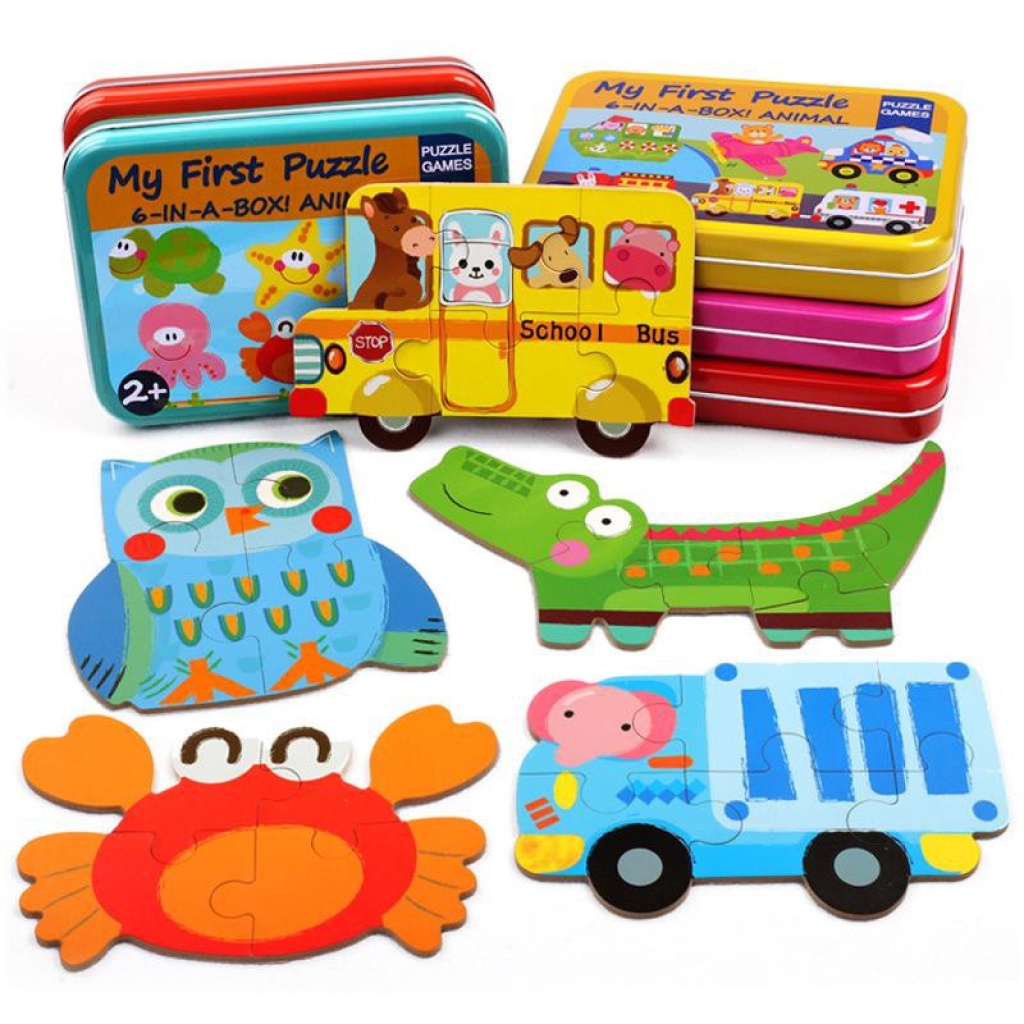 bộ đồ chơi ghép hình, ghép hình my first puzzle hộp sắt 6 tranh ghép hình con vật cho bé từ 2 tuổi Bonkids toys