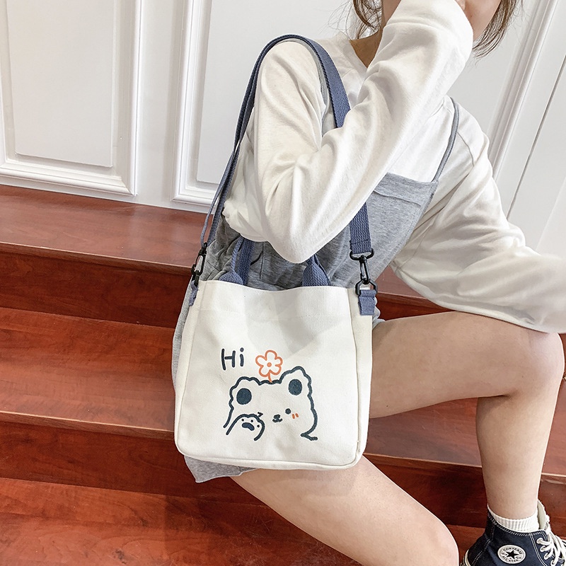 Túi vải tote họa tiết hoạt hình gấu uống trà sữa túi xách nữ canvas HOT HIT T31