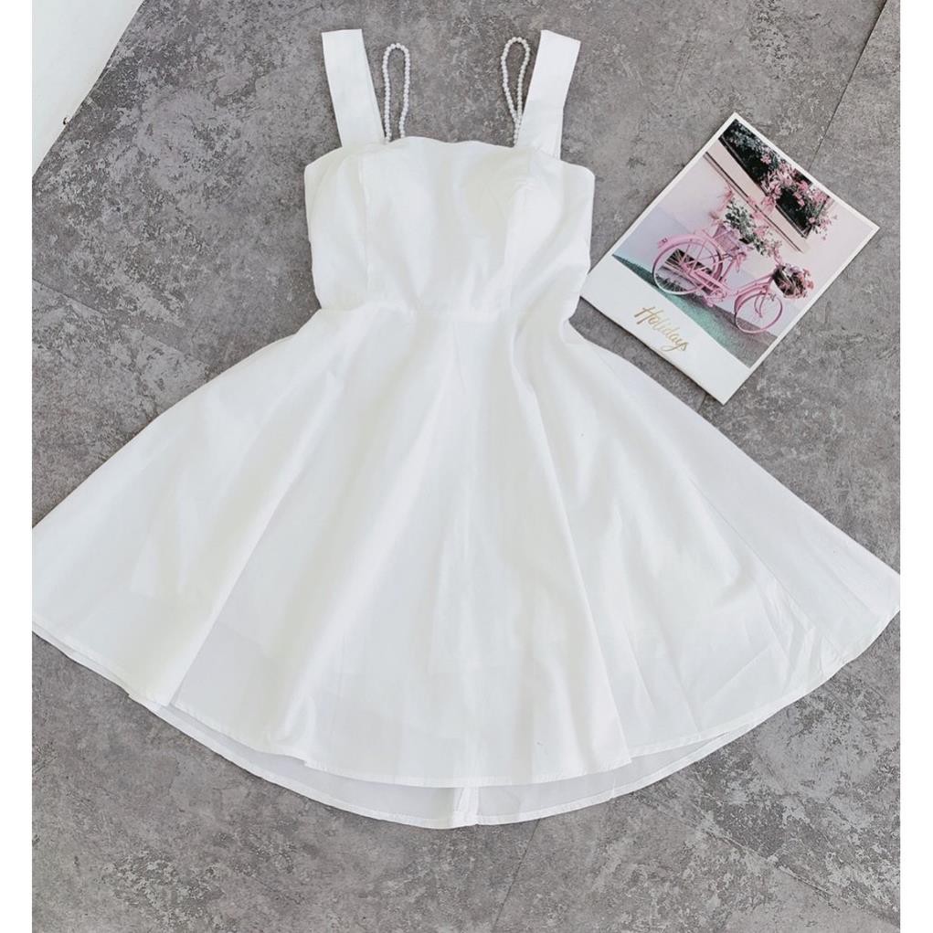 Đầm nữ trắng hở lưng dạo phố dự tiệc cưới cột nơ lưng siêu dễ thương vải 2 lớp siêu đẹp  ྇