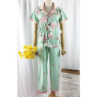 Pijama Lụa Cát Phối Màu Cộc Tay Quần Dài Freesize
