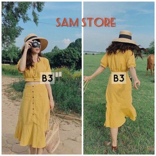 Set áo tay con phồng và chân váy đính nút vải đũi size m samstore