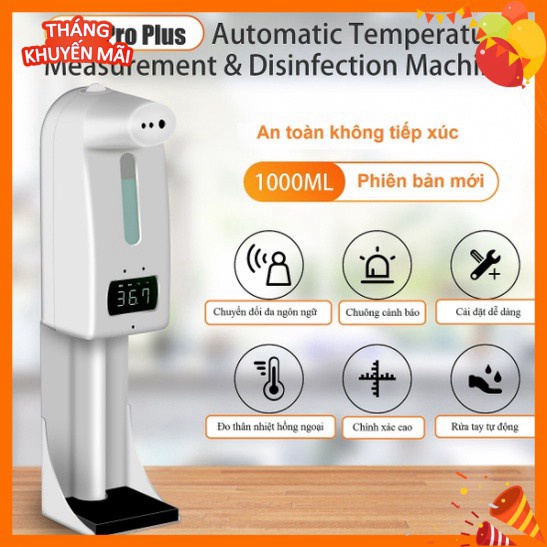 Máy đo thân nhiệt K10 pro tích hợp rửa tay tự động phun sương/nhả gel mới nhất 2021 - 15 ngôn ngữ