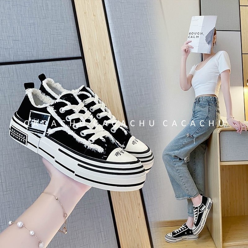 Giày thể thao nữ xvessel rách hot trend 2021 màu đen đẹp CACACHU G018, giày sneaker nữ tăng chiều cao hàng QC | BigBuy360 - bigbuy360.vn