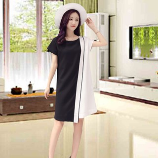 Đầm dạo phố dáng suông phối 2 màu