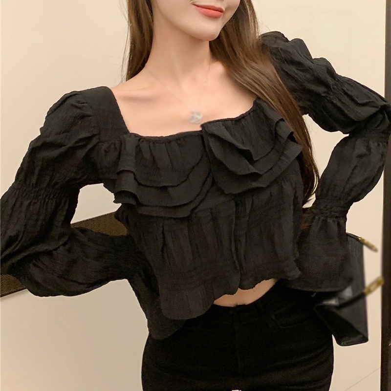 Áo Croptop Áo Kiểu Tay Dài Phồng Cổ Vuông Dáng Ôm Chất Liệu Chiffon Thời Trang Hàn Quốc Cổ Điển Cho Nữ
