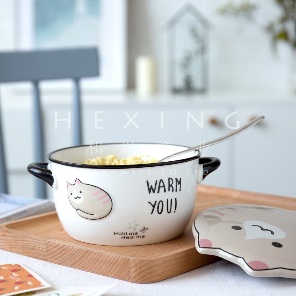 Bộ tô sứ Mèo Warm You kèm dĩa muỗng màu trắng cao cấp